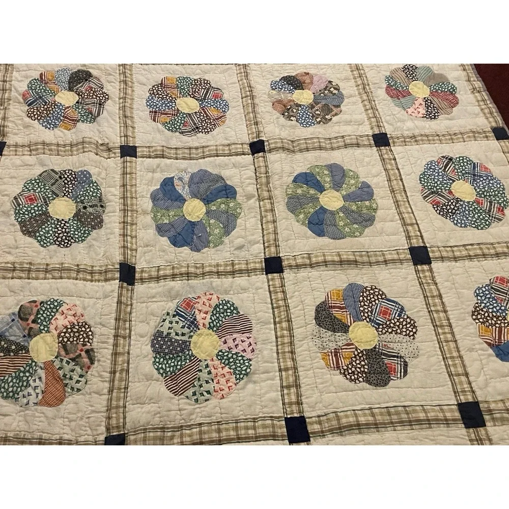 Vtg 1930s Dresden Plate Quilt NRA Blue Eagle Domino Sugar Sack Backing Folk Art